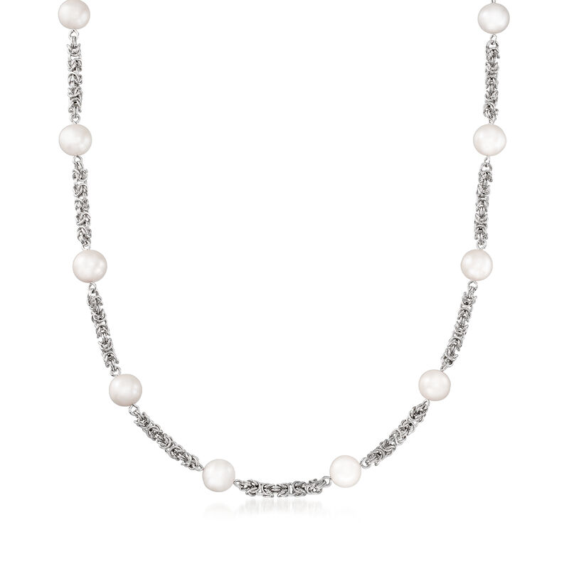 9mm Cultured Pearl Byzantine Chain Necklace in Sterling Silver image number 0