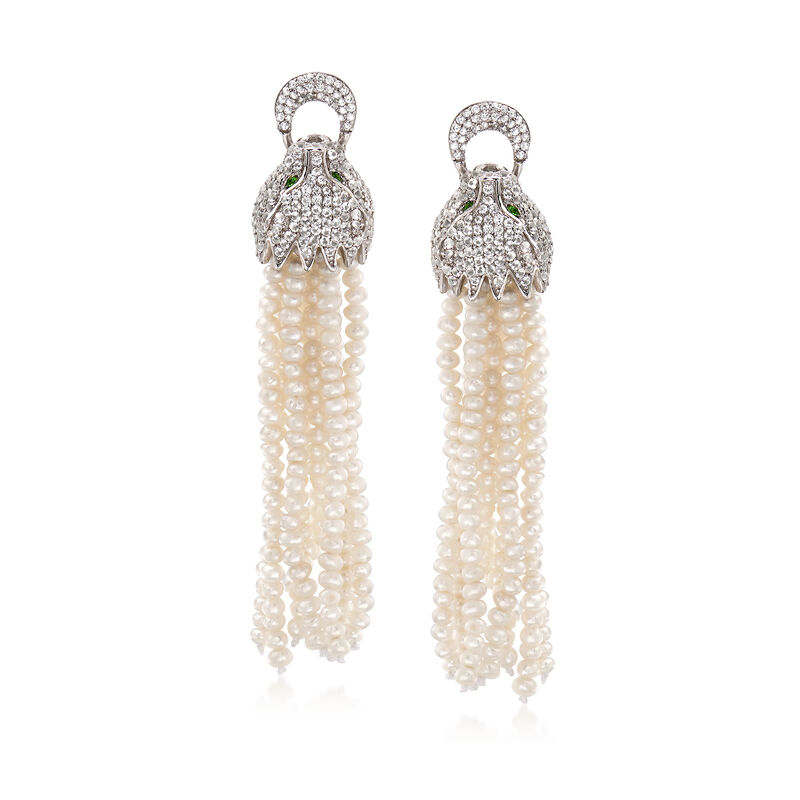 Cultured Pearl and 2.90 ct. t.w. White Topaz Panther Tassel Earrings in Sterling Silver image number 0