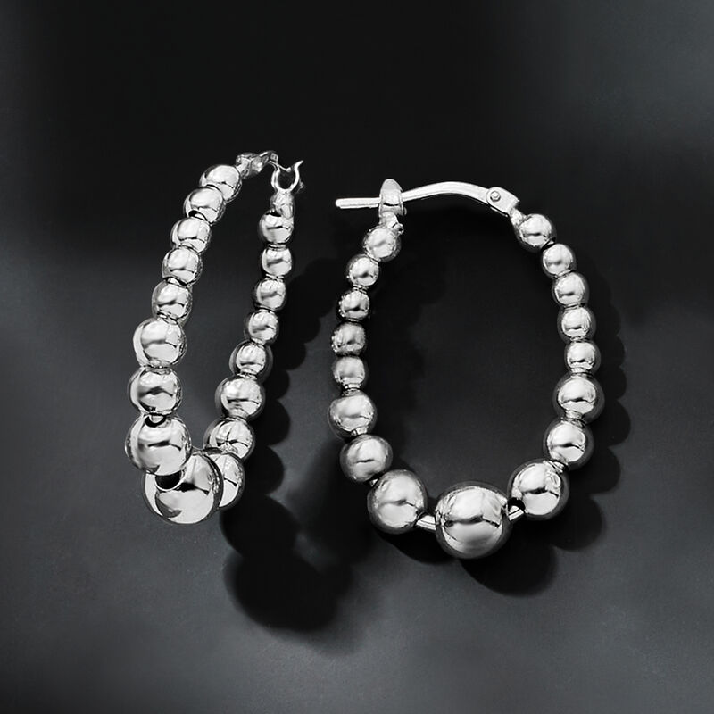 Italian 3-6mm Sterling Silver Bead Oval Hoop Earrings. 1 1/8&quot; image number 4