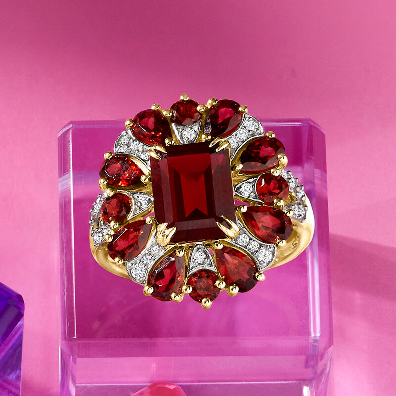 6.30 ct. t.w. Garnet and .24 ct. t.w. Diamond Ring in 14kt Yellow Gold image number 3