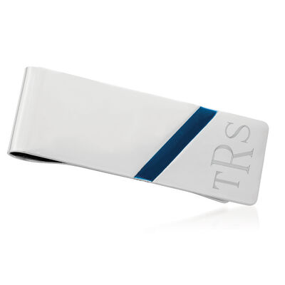 Italian Sterling Silver Personalized Money Clip with Blue Enamel