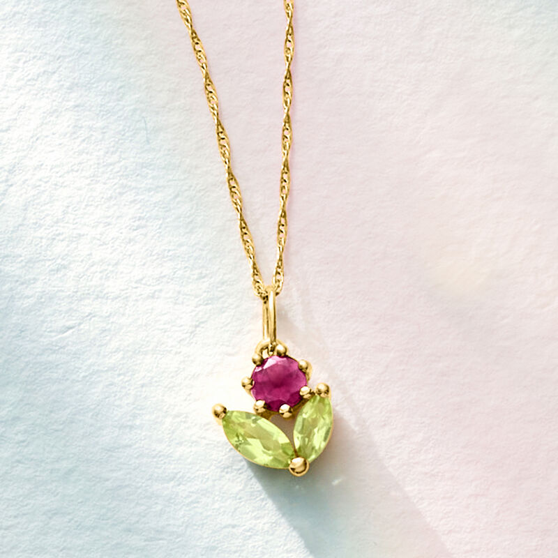 .20 Carat Rhodolite Garnet and .30 ct. t.w. Peridot Flower Pendant Necklace in 14kt Yellow Gold. 16&quot; image number 2