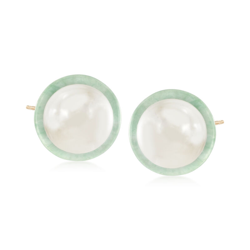 10-10.5mm Cultured Pearl and Jade Earrings in 14kt Yellow Gold  image number 0
