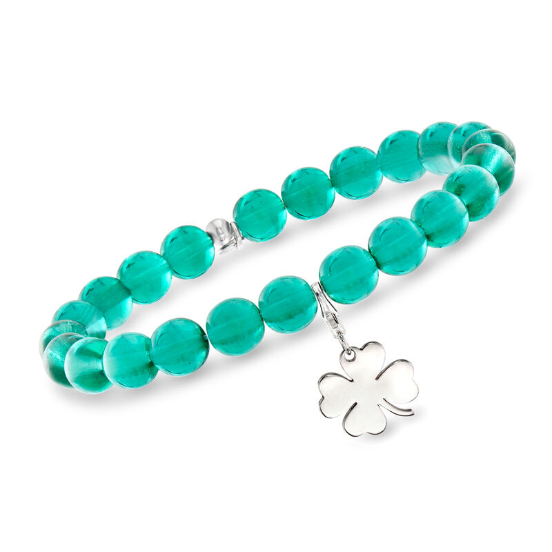 Italian Green Murano Glass Bead Stretch Bracelet with Sterling Silver Clover Charm. 7&quot; image number 0