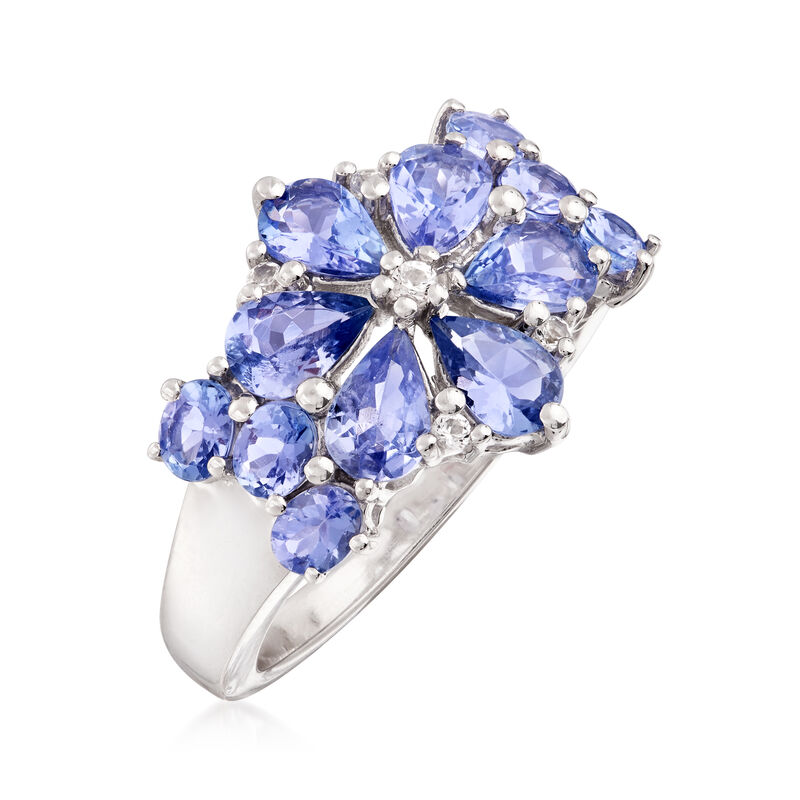 3.10 ct. t.w. Tanzanite and .10 ct. t.w. White Topaz Floral Ring in Sterling Silver image number 2