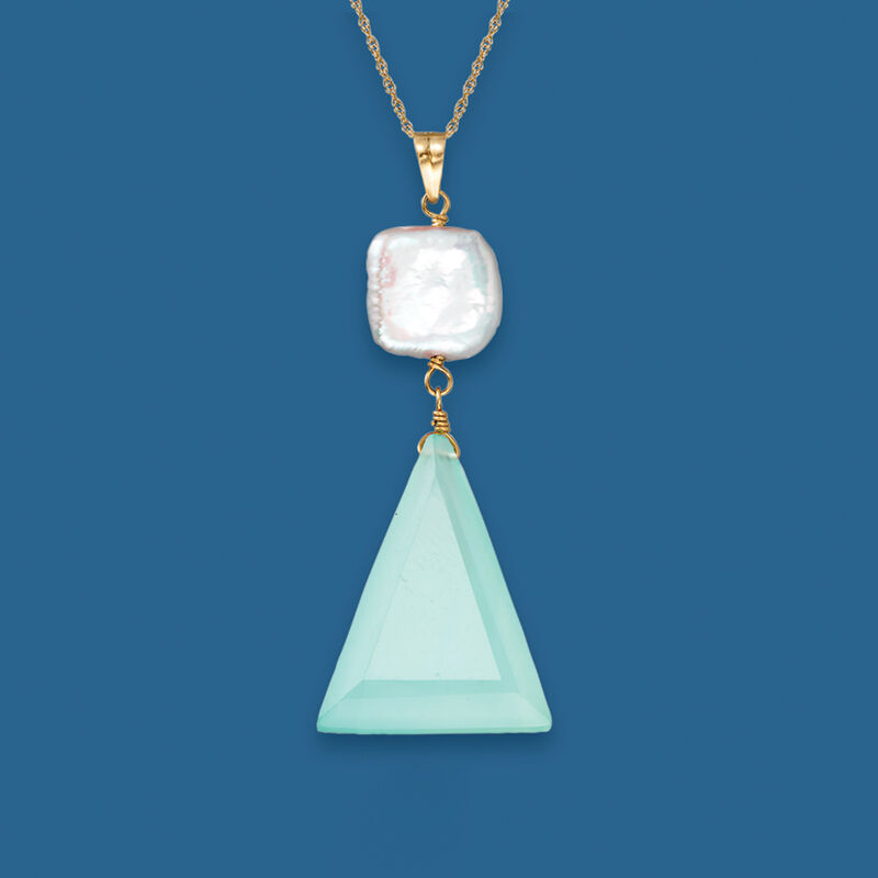 10x10mm Cultured Pearl and Blue Chalcedony Pendant Necklace in 14kt Yellow Gold image number 2
