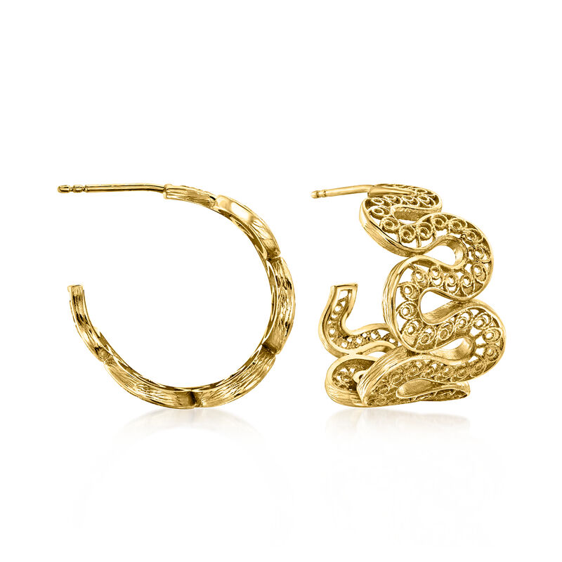 18kt Gold Over Sterling Filigree Curvy C-Hoop Earrings. 7/8&quot; image number 0