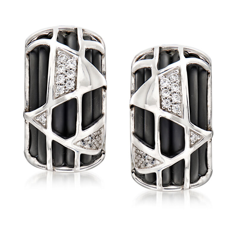 Belle Etoile &quot;Trilogy&quot; Black Rubber and .11 ct. t.w. CZ Hoop Earrings in Sterling Silver. 7/16&quot; image number 0