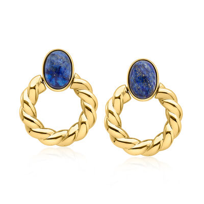 14kt Yellow Gold-Plated Twisted Hoop Earrings with Lapis