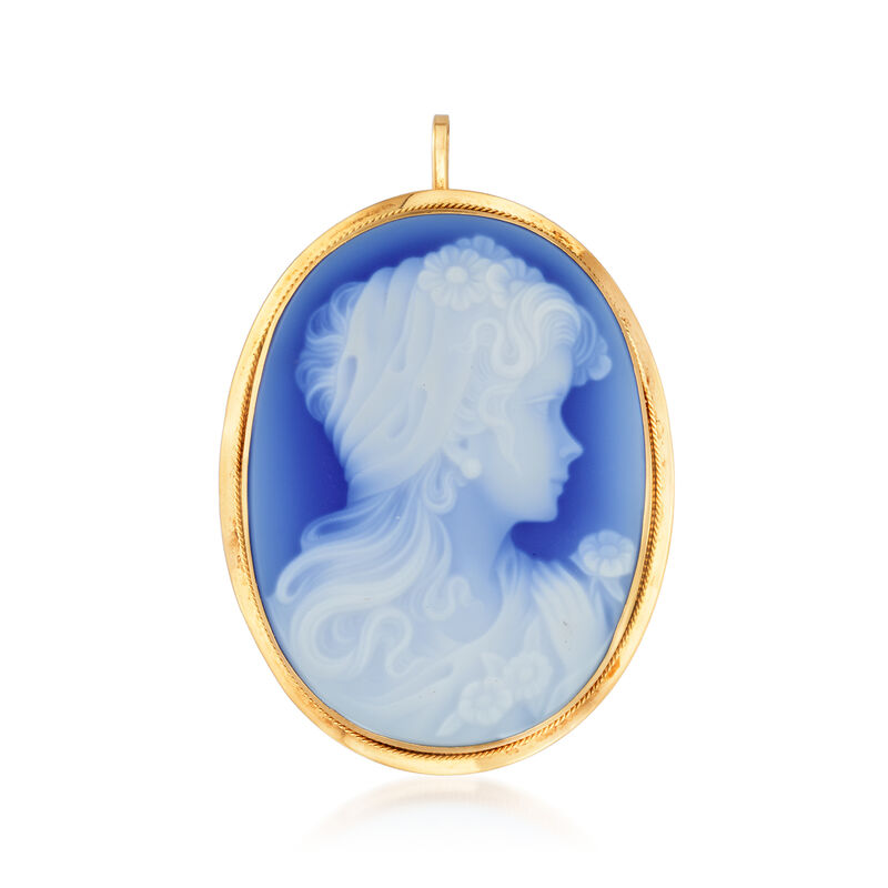 C. 1980 Vintage Blue Agate Cameo Pin/Pendant in 18kt Yellow Gold image number 0