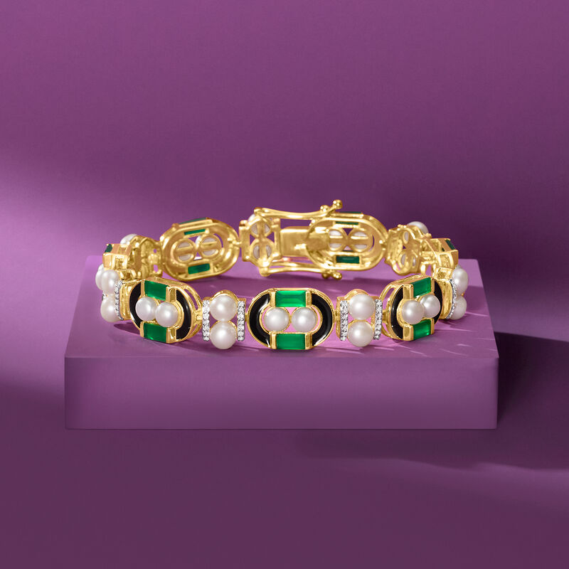 Green Chalcedony, 5mm Cultured Pearl and 1.10 ct. t.w. White Topaz Bracelet with Black Enamel in 18kt Gold Over Sterling image number 3