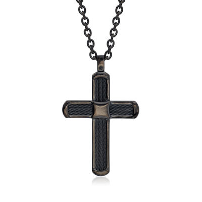 ALOR Men's Black Stainless Steel Cable Cross Necklace