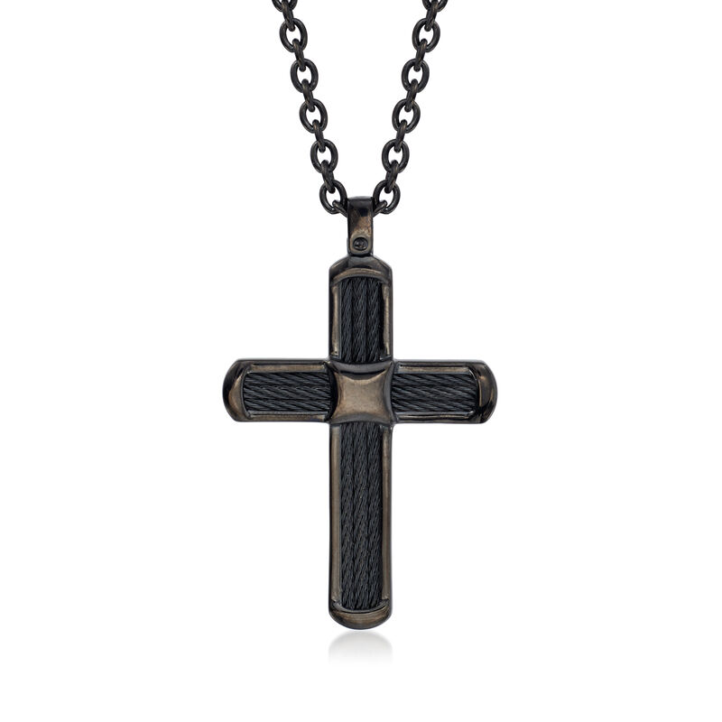 ALOR Men's Black Stainless Steel Cable Cross Necklace. 24&quot; image number 0