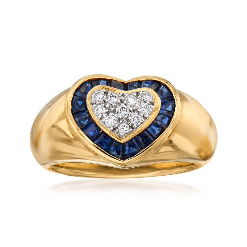 C. 1980 Vintage .80 ct. t.w. Sapphire and .15 ct. t.w. Diamond Heart Ring in 18kt Yellow Gold. Size 6.75 image number 0