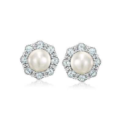 7-7.5mm Cultured Pearl Earrings with .90 ct. t.w. Sky Blue Topaz and .16 ct. t.w. Diamonds in Sterling Silver