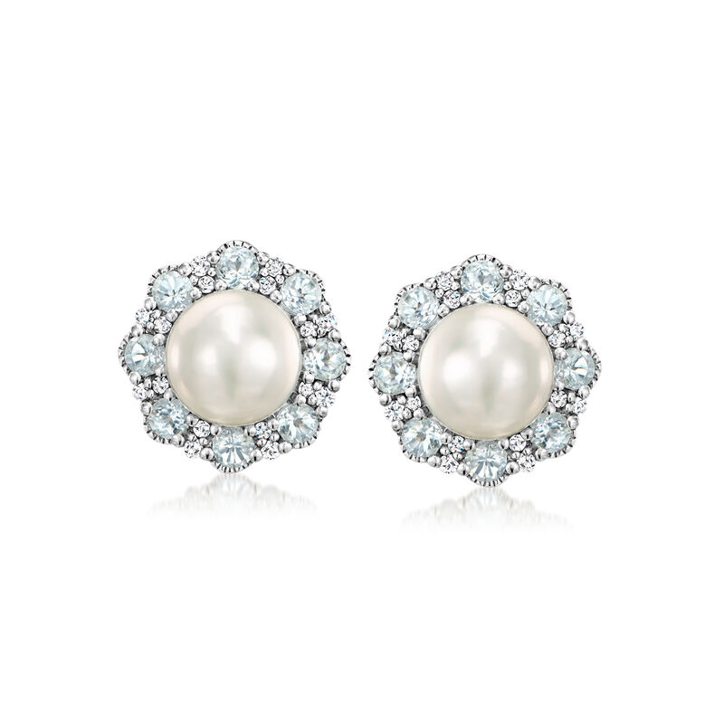 7-7.5mm Cultured Pearl Earrings with .90 ct. t.w. Sky Blue Topaz and .16 ct. t.w. Diamonds in Sterling Silver  image number 0