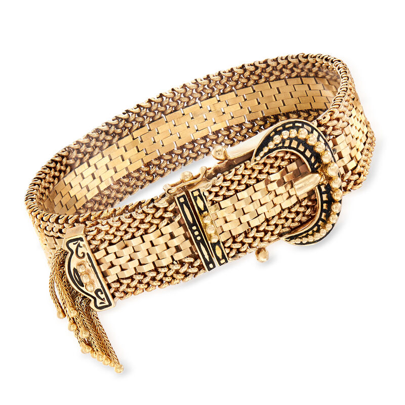 C. 1950 Vintage 14kt Yellow Gold Fringe Buckle Bracelet with Enamel image number 0