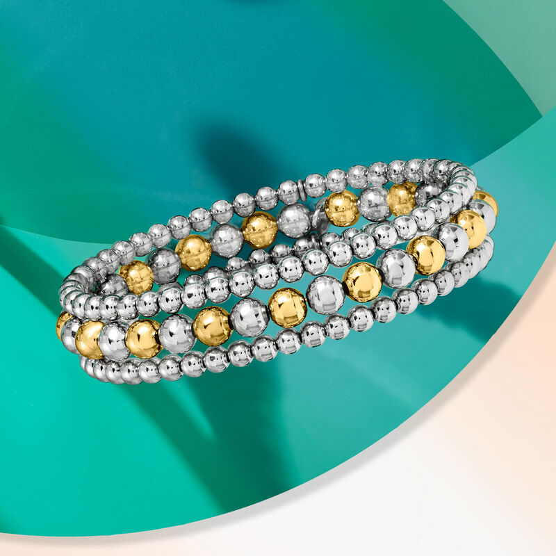 Italian Two-Tone Sterling Silver Jewelry Set: Three 4-6mm Bead Stretch Bracelets image number 2