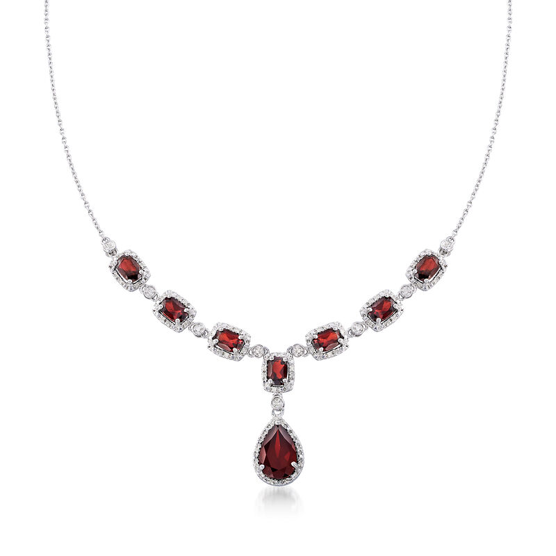 8.70 ct. t.w. Garnet and .26 ct. t.w. Diamond Necklace in Sterling Silver. 18&quot; image number 1