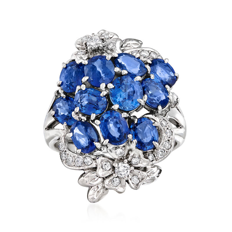 C. 1980 Vintage 4.37 ct. t.w. Sapphire and .29 ct. t.w. Diamond Flower Cluster Ring in Platinum image number 0