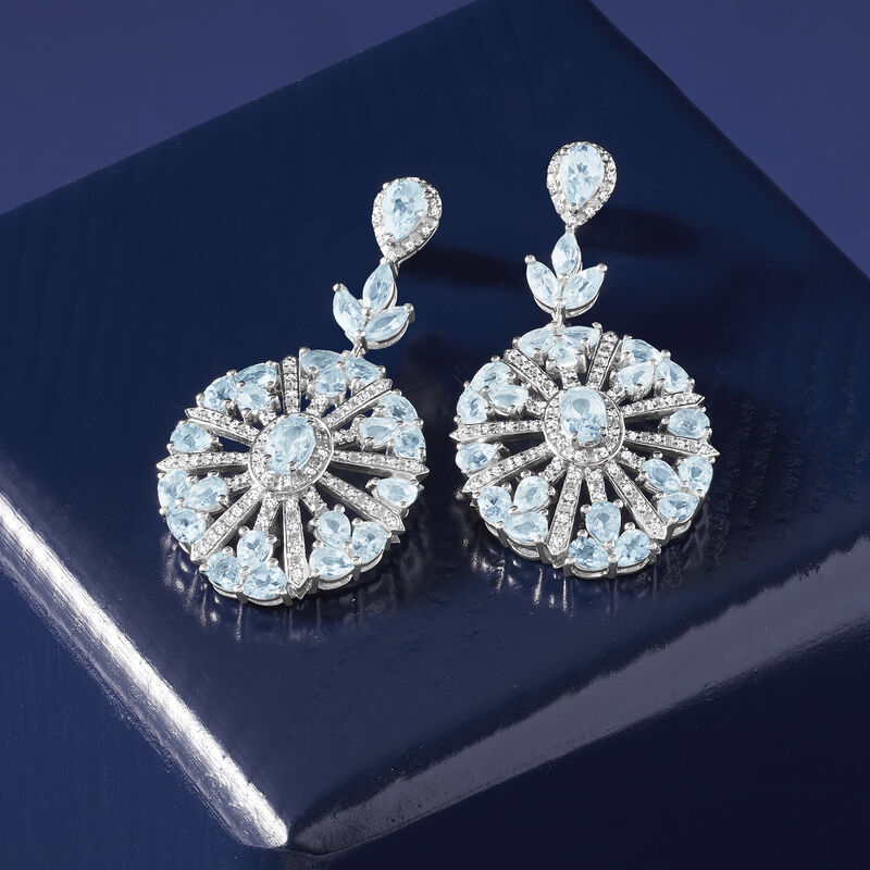 6.50 ct. t.w. Aquamarine and .56 ct. t.w. Diamond Drop Earrings in Sterling Silver  image number 3