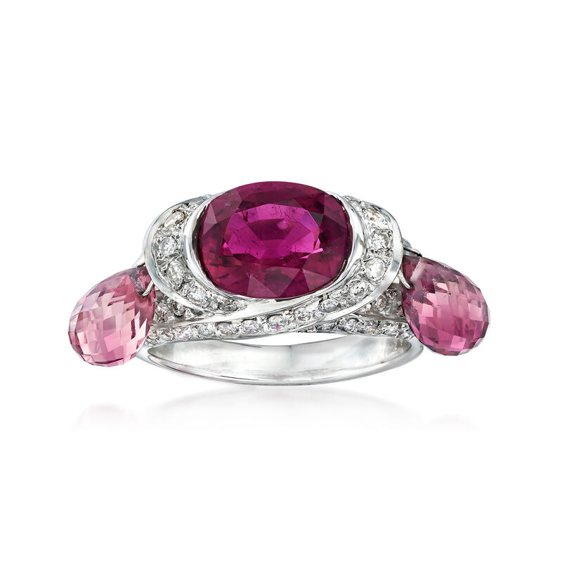 C. 2000 Vintage 5.75 ct. t.w. Pink Tourmaline and .65 ct. t.w. Diamond Dangle Ring in 18kt White Gold. 6.5&quot; image number 0