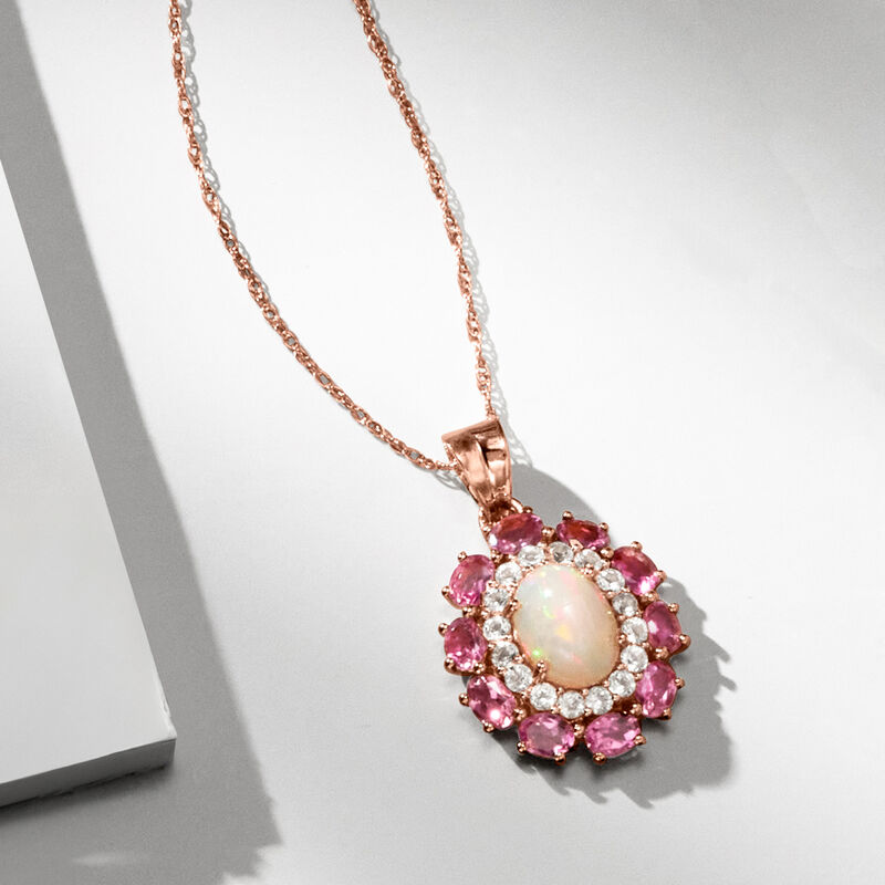 Opal and 2.50 ct. t.w. Pink Tourmaline Pendant Necklace with 1.00 ct. t.w. White Topaz in 18kt Rose Gold Over Sterling image number 2