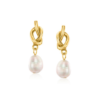 6.5-7mm Cultured Pearl Knot Drop Earrings in 18kt Gold Over Sterling