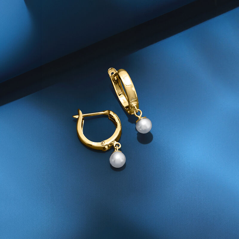 4-4.5mm Cultured Pearl Huggie Hoop Earrings in 14kt Yellow Gold. 3/4" image number 1