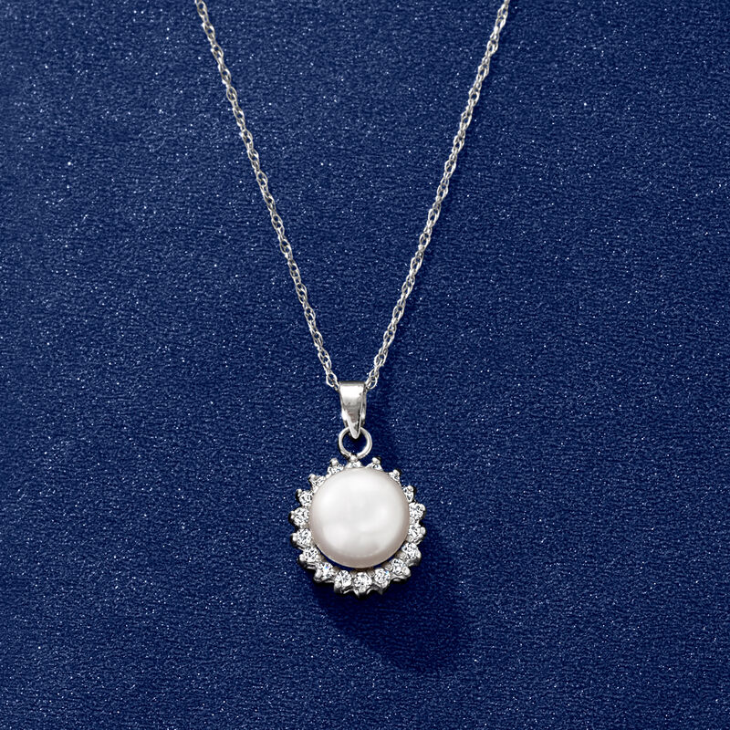 7-7.5mm Cultured Pearl and .12 ct. t.w. Diamond Pendant Necklace in 14kt White Gold. 18&quot; image number 2