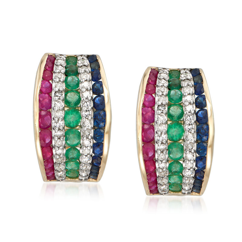 1.70 ct. t.w. Multi-Gemstone and .32 ct. t.w. Diamond Hoop Earrings in 14kt Yellow Gold. 1/2&quot; image number 0