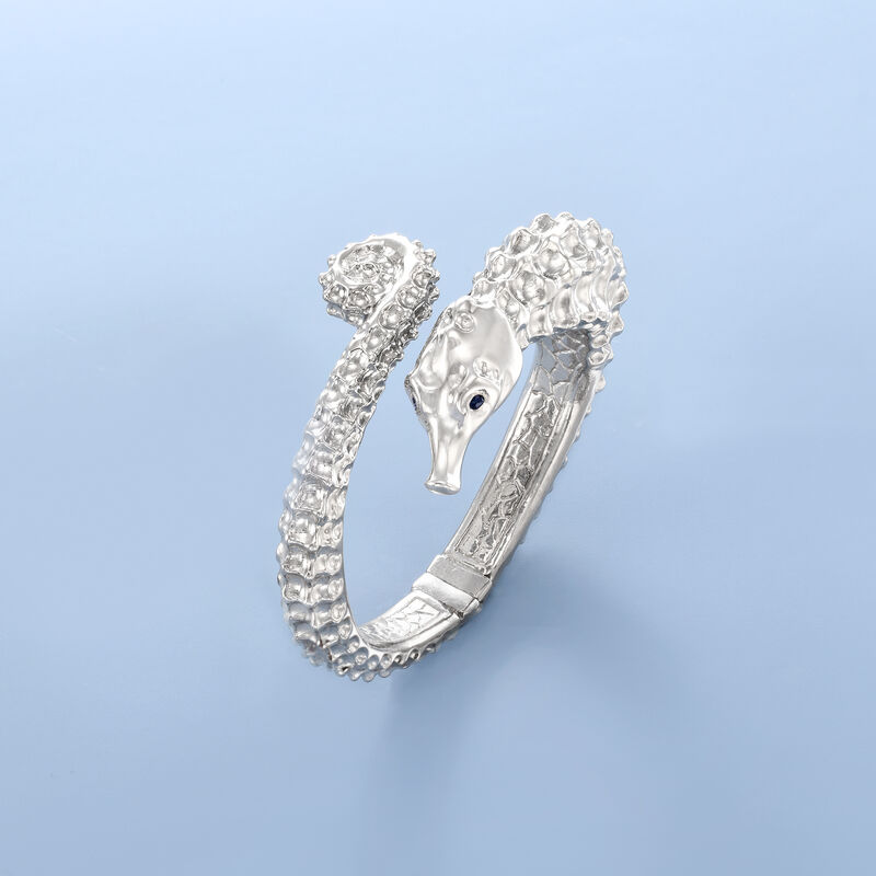 Italian Sterling Silver Seahorse Bypass Bangle Bracelet with Sapphires image number 3