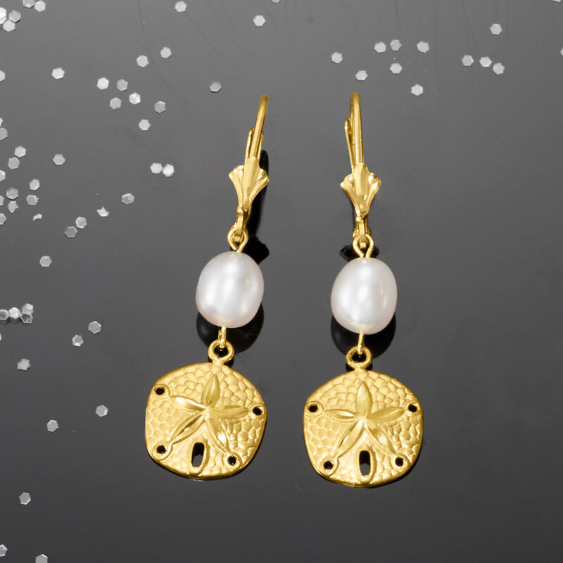 8x6mm Cultured Pearl Sand Dollar Drop Earrings in 14kt Yellow Gold image number 3