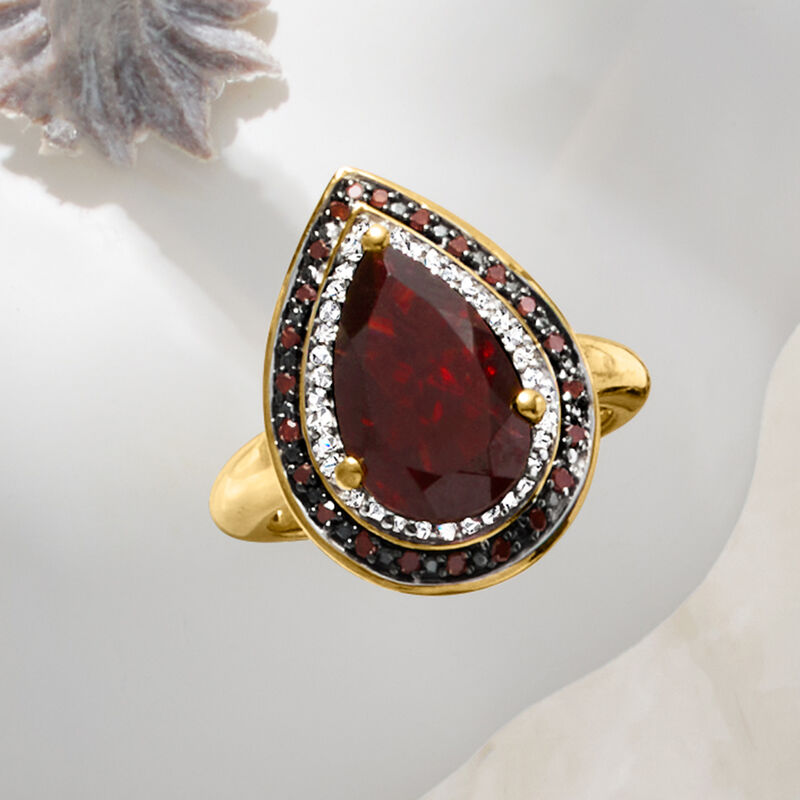 4.20 Carat Garnet and .20 ct. t.w. Red and White Diamond Ring in 18kt Gold Over Sterling image number 3