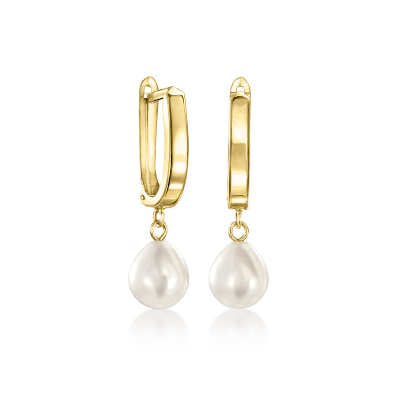 7-7.5mm Cultured Pearl Hoop Drop Earrings in 10kt Yellow Gold  image number 0