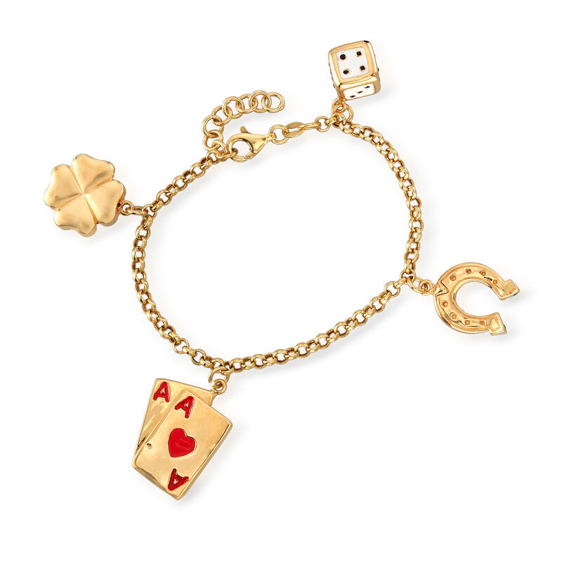 Italian 14kt Yellow Gold Las Vegas Lucky Charm Bracelet with Enamel. 7" image number 0
