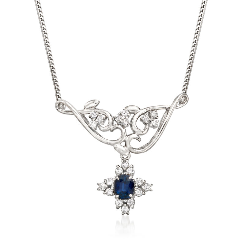 C. 1990 Vintage .61 Carat Sapphire Drop Necklace with .38 ct. t.w. Diamonds in Platinum image number 0