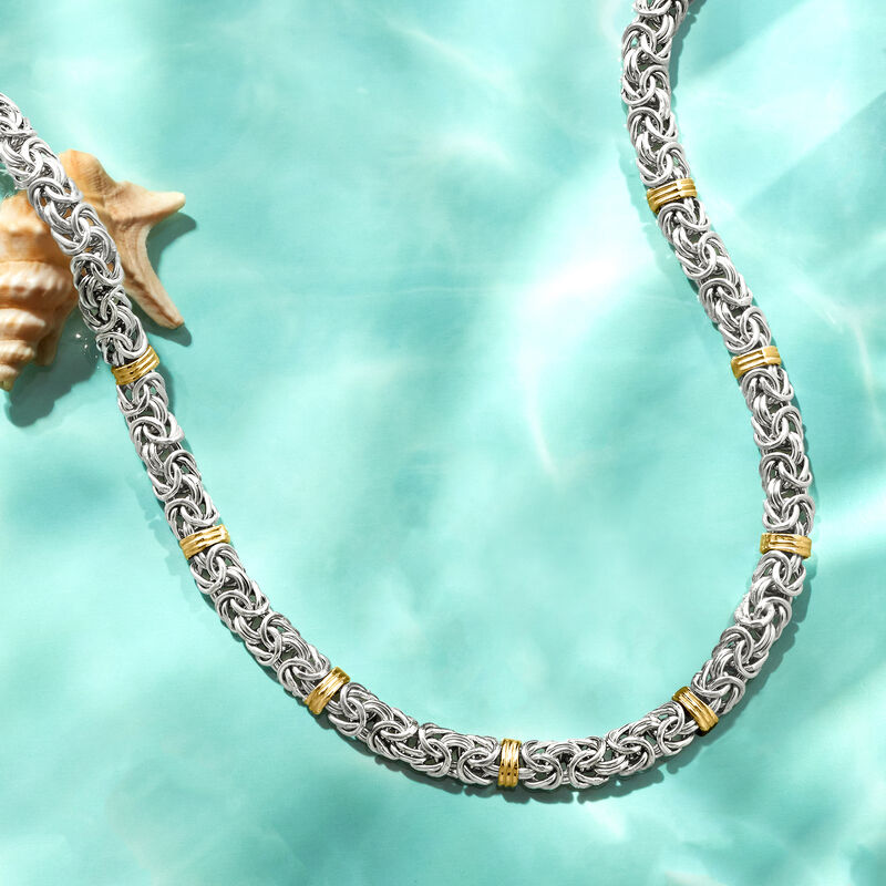 Sterling Silver and 14kt Yellow Gold Byzantine Station Necklace image number 3
