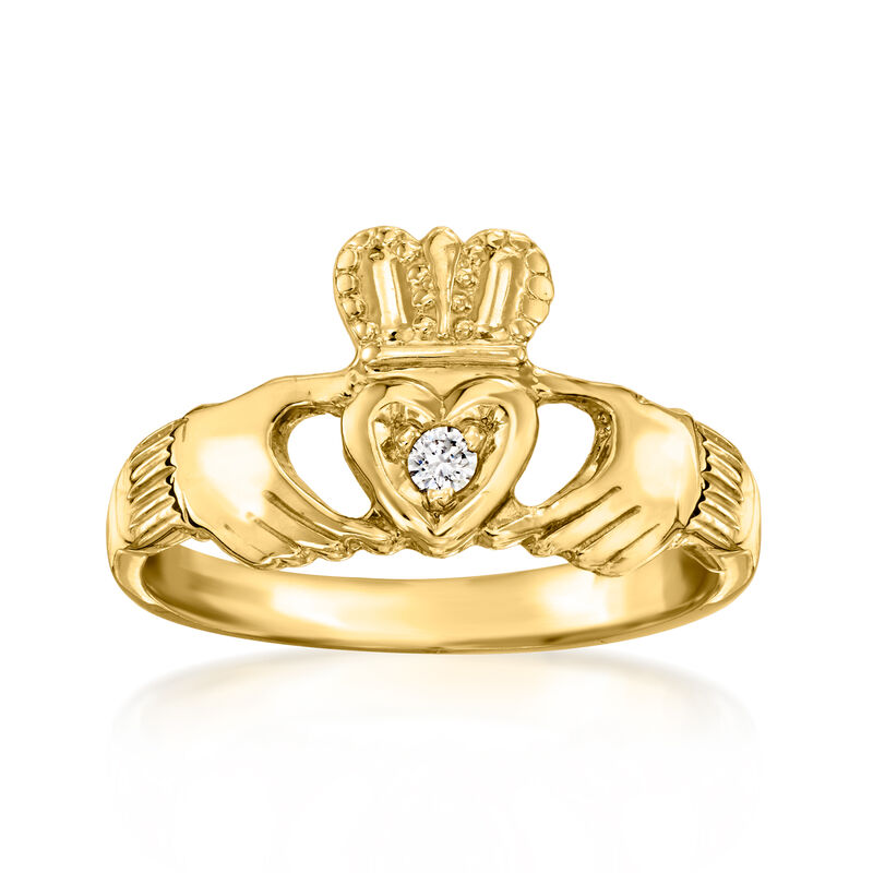 C. 1990 Vintage 14kt Yellow Gold Claddagh Ring with Single Diamond. Size 7 image number 0
