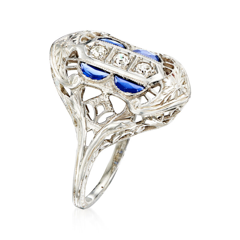 C. 1950 Vintage .12 ct. t.w. Synthetic Sapphire Filigree Ring with .10 ct. t.w. Diamonds in 18kt White Gold image number 2