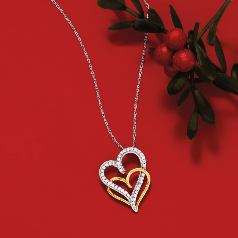 .25 ct. t.w. Diamond Open-Space Double-Heart Pendant Necklace in Sterling Silver and 14kt Yellow Gold image number 2