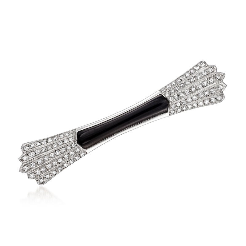 C. 1960 Vintage 20x3mm Black Onyx and .70 ct. t.w. Diamond Bar Pin in 18kt White Gold image number 0