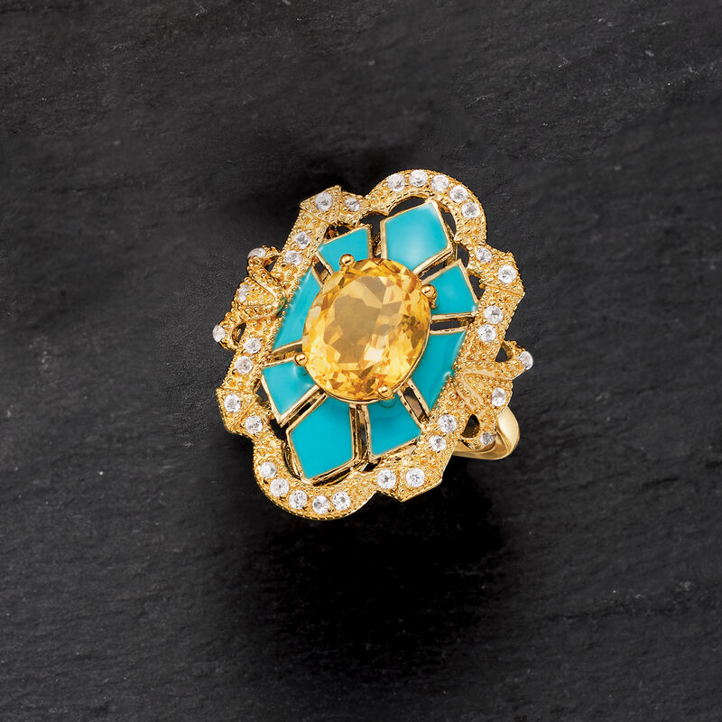 2.60 Carat Citrine and .30 ct. t.w. White Topaz Ring with Blue Enamel in 18kt Gold Over Sterling image number 4