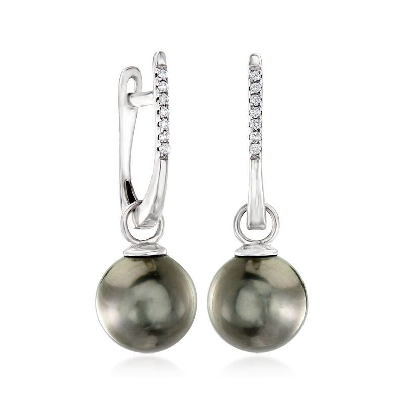 9-10mm Black Cultured Tahitian Pearl and .11 ct. t.w. Diamond Drop Earrings in 14kt White Gold image number 2