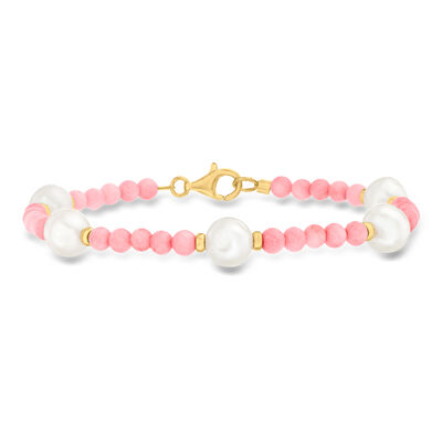 8.5-9mm Cultured Pearl and 4mm Pink Coral Bead Bracelet in 18kt Gold Over Sterling