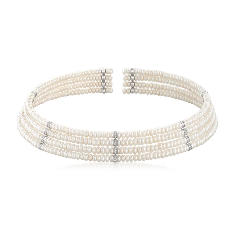 Multi-Row 4.5-5mm Cultured Pearl and .23 ct. t.w. Diamond Choker Necklace with Sterling Silver image number 1