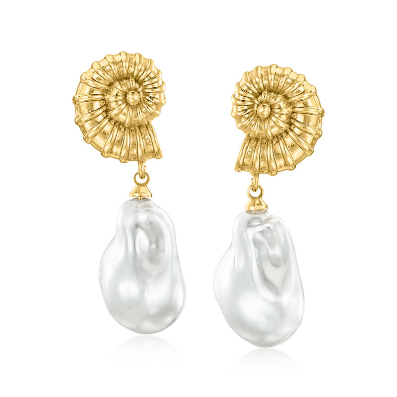14kt Yellow Gold-Plated Seashell Drop Earrings with Simulated Baroque Pearls  image number 0
