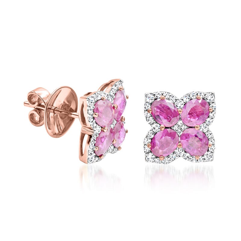 3.50 ct. t.w. Pink Sapphire and .48 ct. t.w. Diamond Flower Earrings in 14kt Rose Gold image number 1