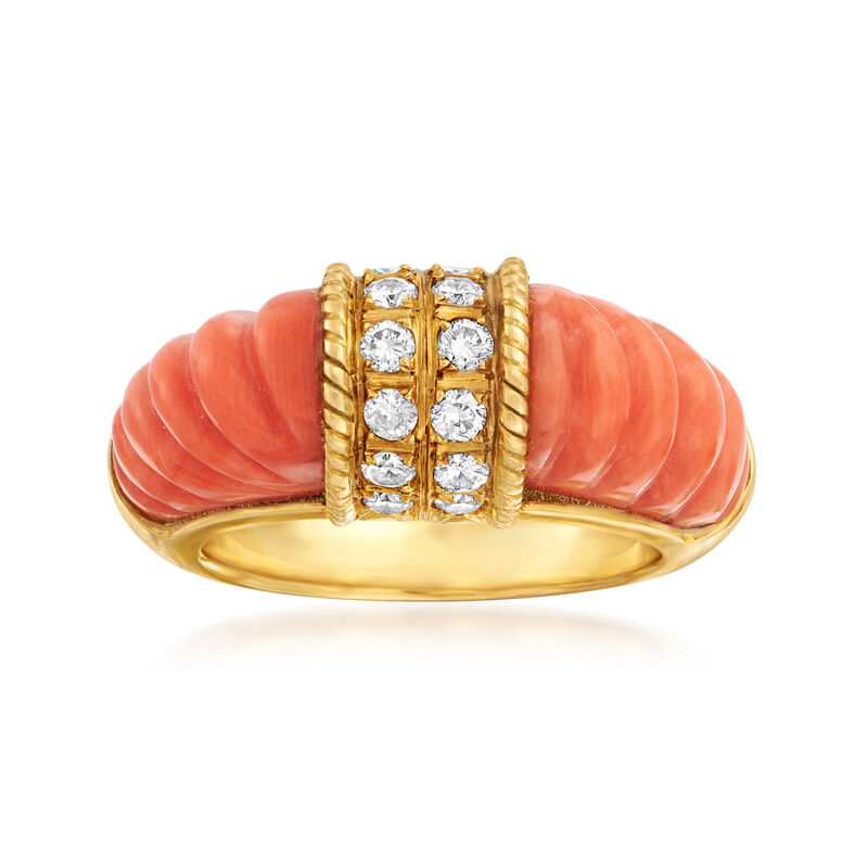 C. 1980 Vintage Coral and .50 ct. t.w. Diamond Ring in 18kt Yellow Gold image number 0