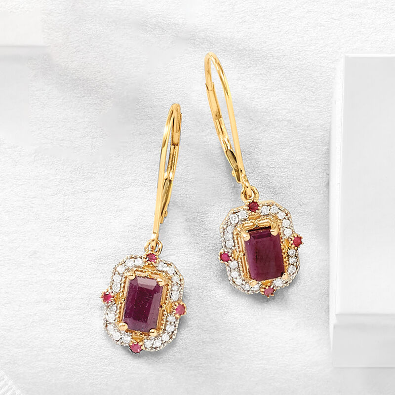 1.89 ct. t.w. Ruby and .14 ct. t.w. Diamond Drop Earrings in 14kt Yellow Gold image number 2